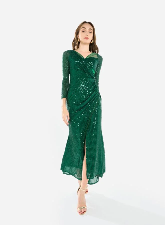 هاوس اوف مودا فستان طويل بفتحة وتصميم ملفوف مزين بالترتر